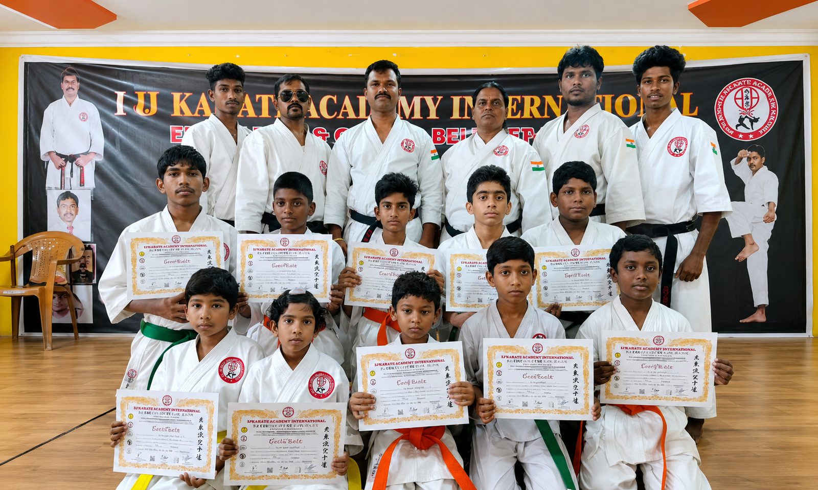 Karate team with certificates