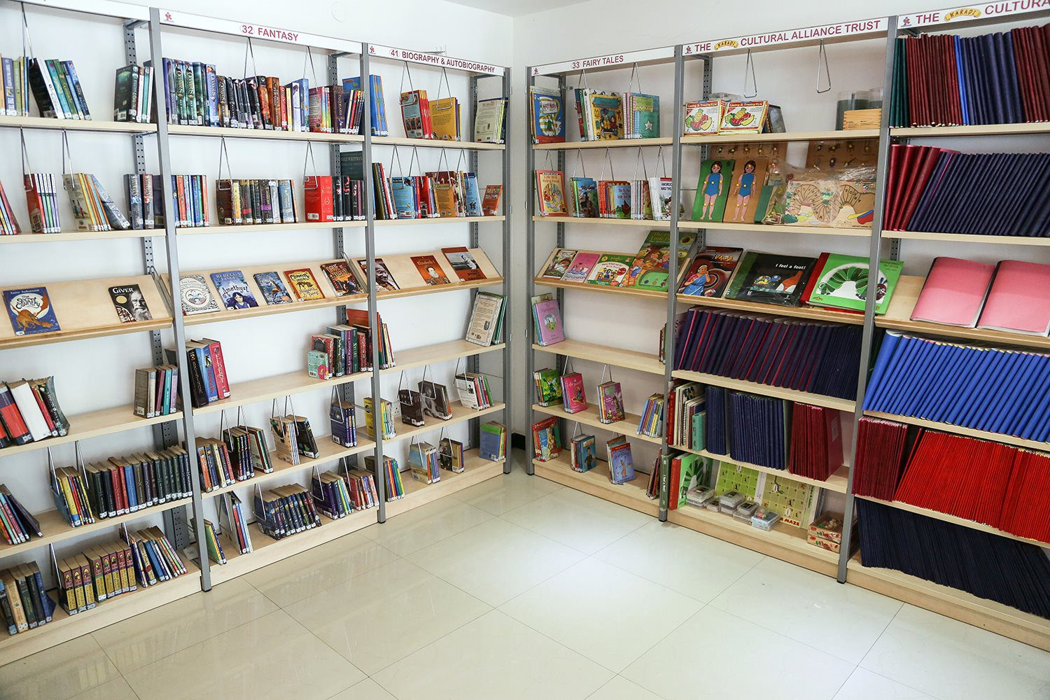 School library with well-stocked bookshelves