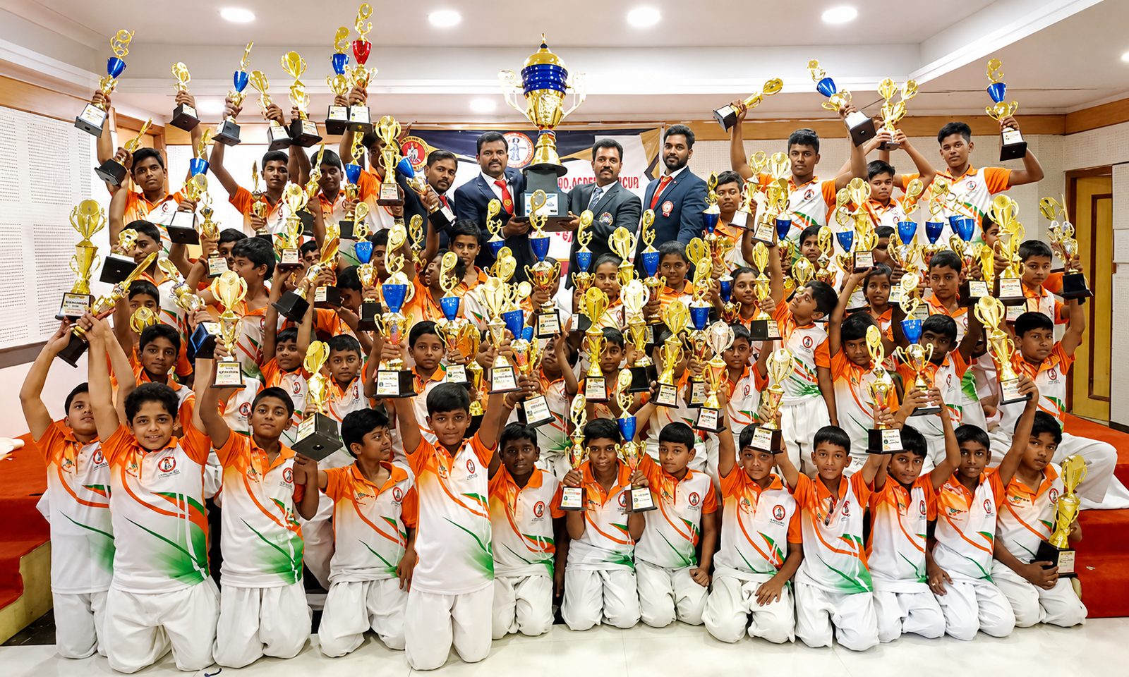 Students holding many trophies and awards